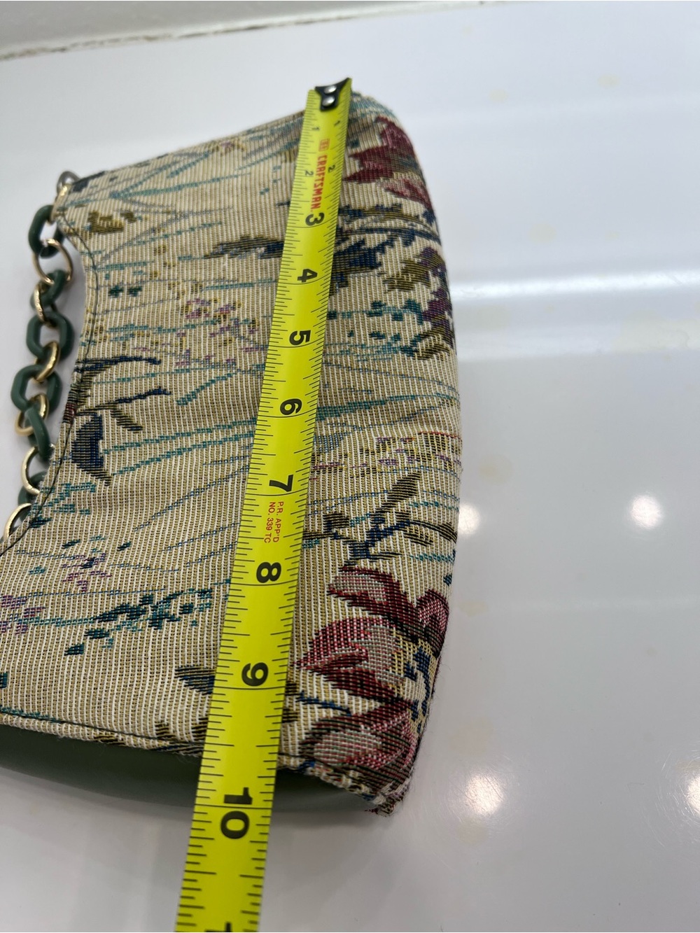 Vintage Floral Tapestry Baguette Bag – Green & Gold Acrylic Chain Strap Shoulder - Picture 12 of 13